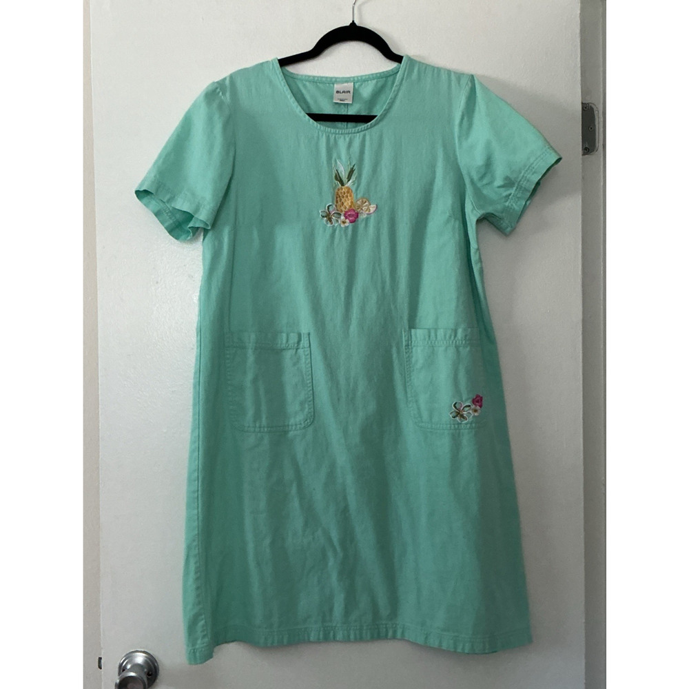 Vintage Blair Green Denim Jumper Dress M Embroidered Pineapple Pockets SS Pocket